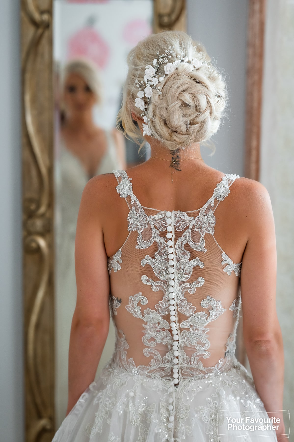 Back of beautiful lace wedding dress