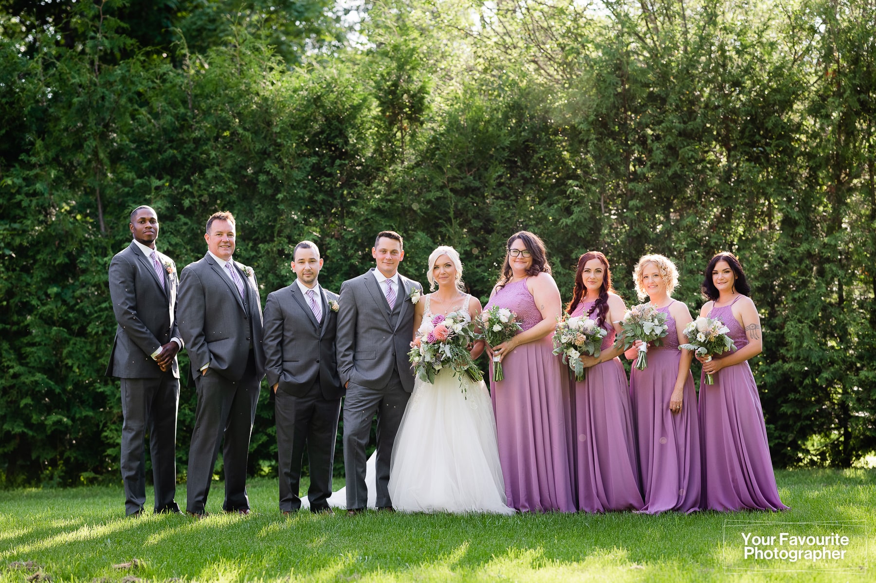 Posed photo of wedding party outdoors in nature