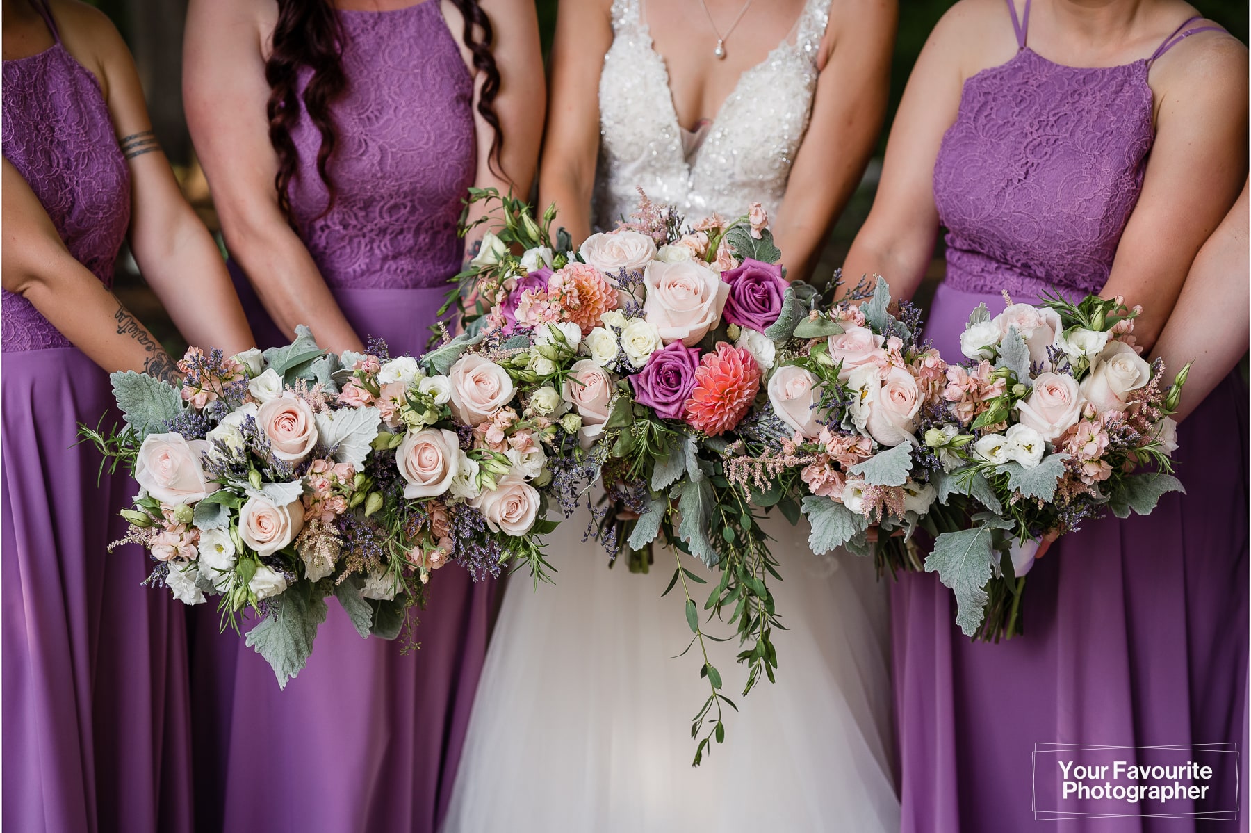 Close up of bridal bouquets
