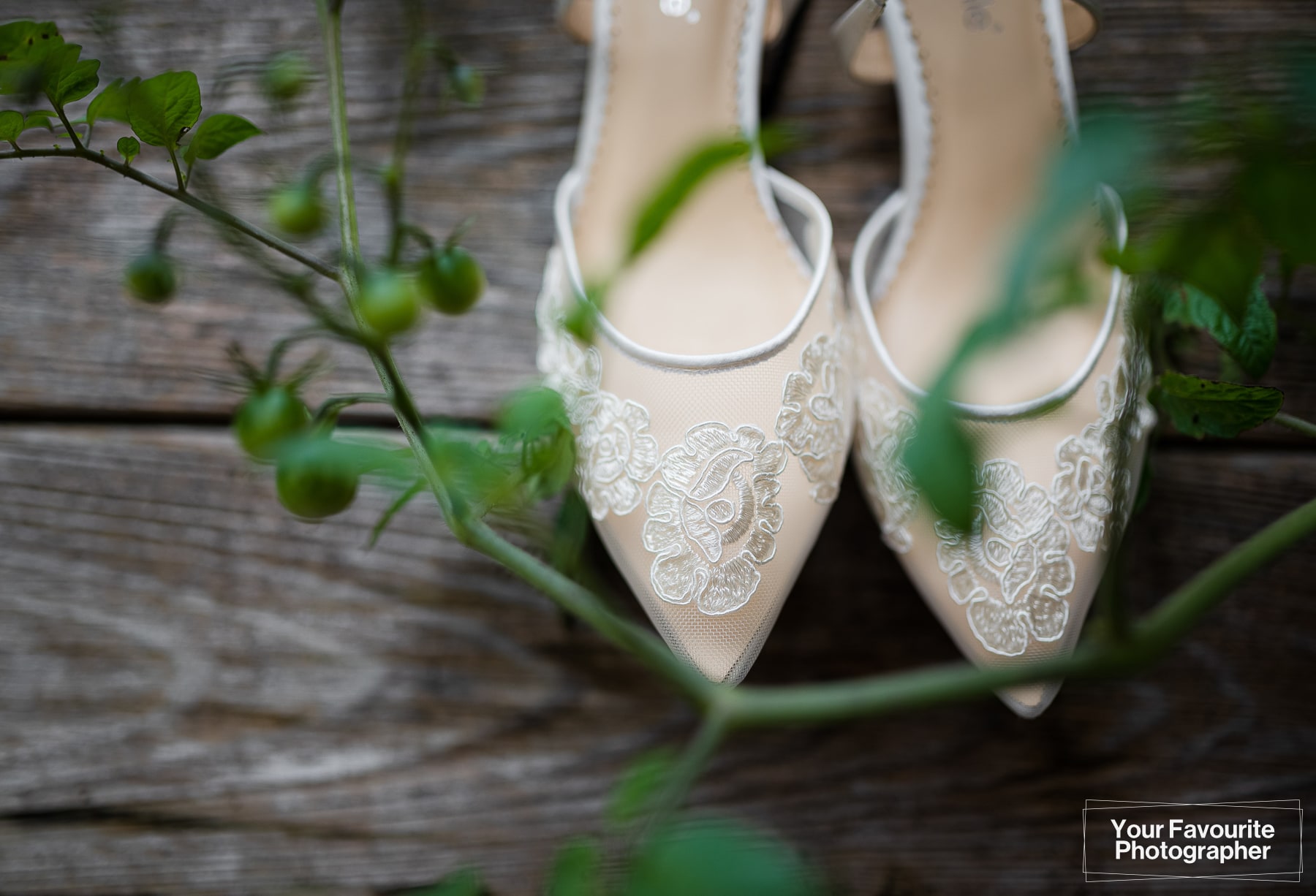 Lace wedding shoes in the garden