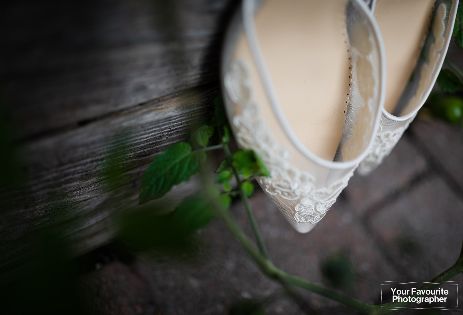 Lace wedding shoes in the garden