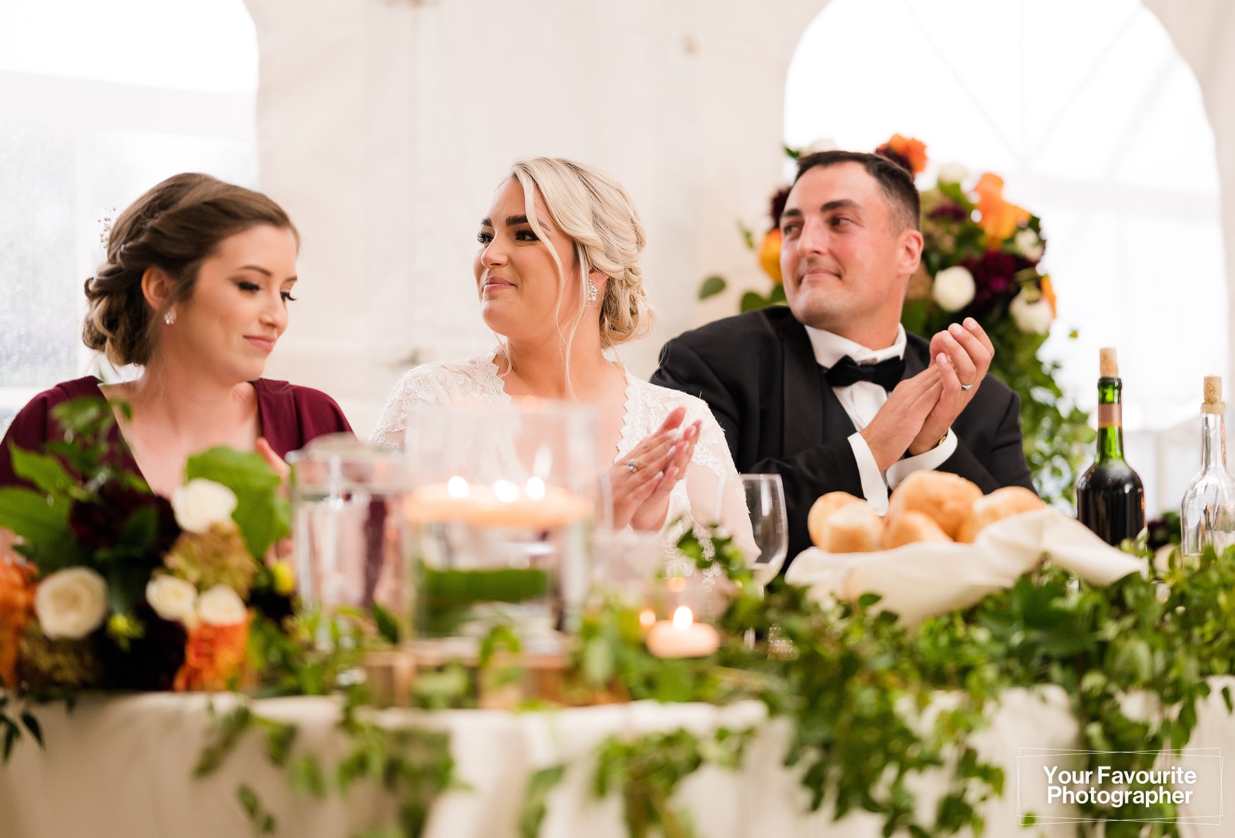 Bride and groom react to wedding speech