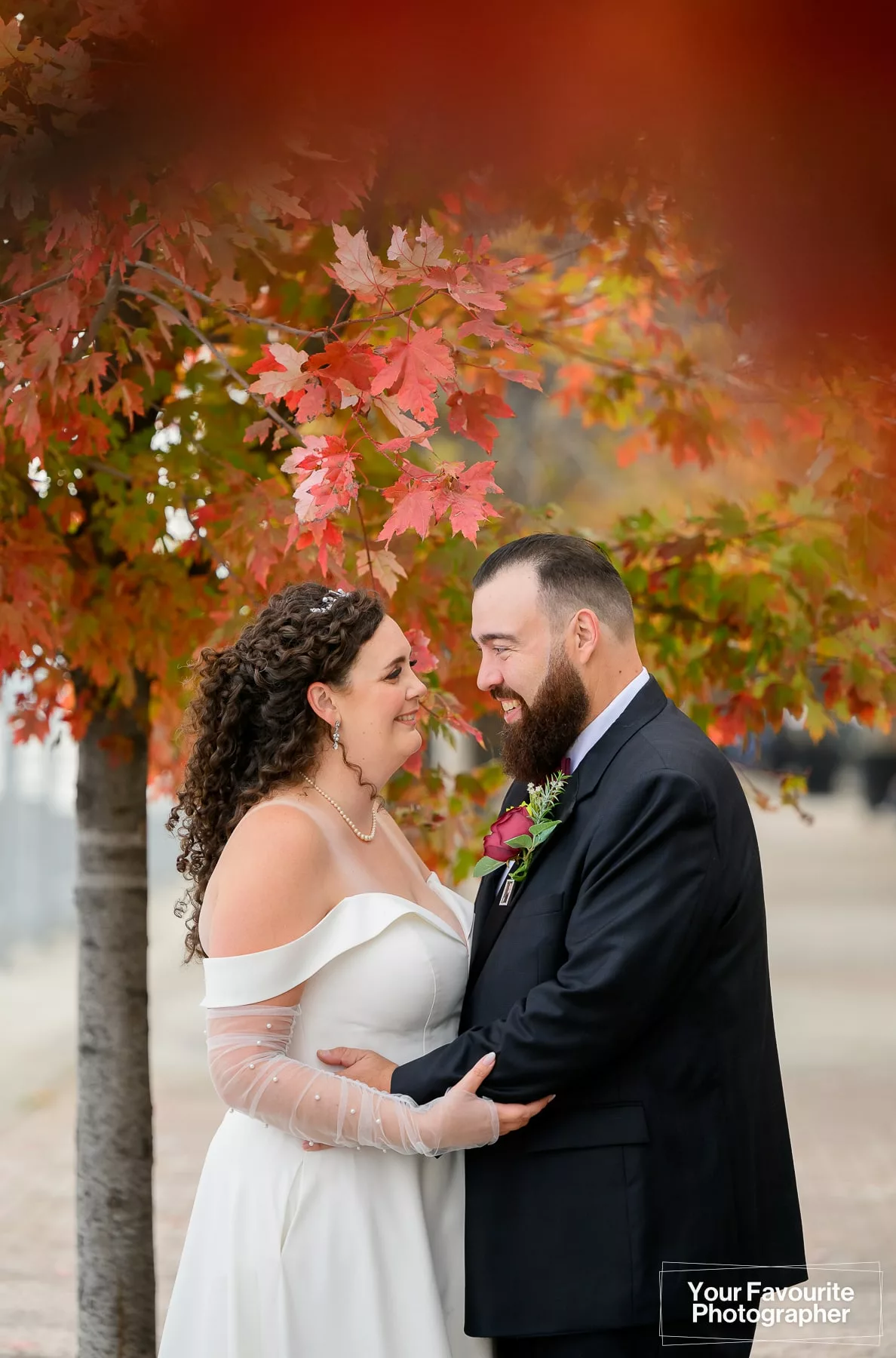 Bride and groom Emily and Niko look at each other, standing in front of colourful fall foliage on the Water's Edge Promenade in downtown Toronto