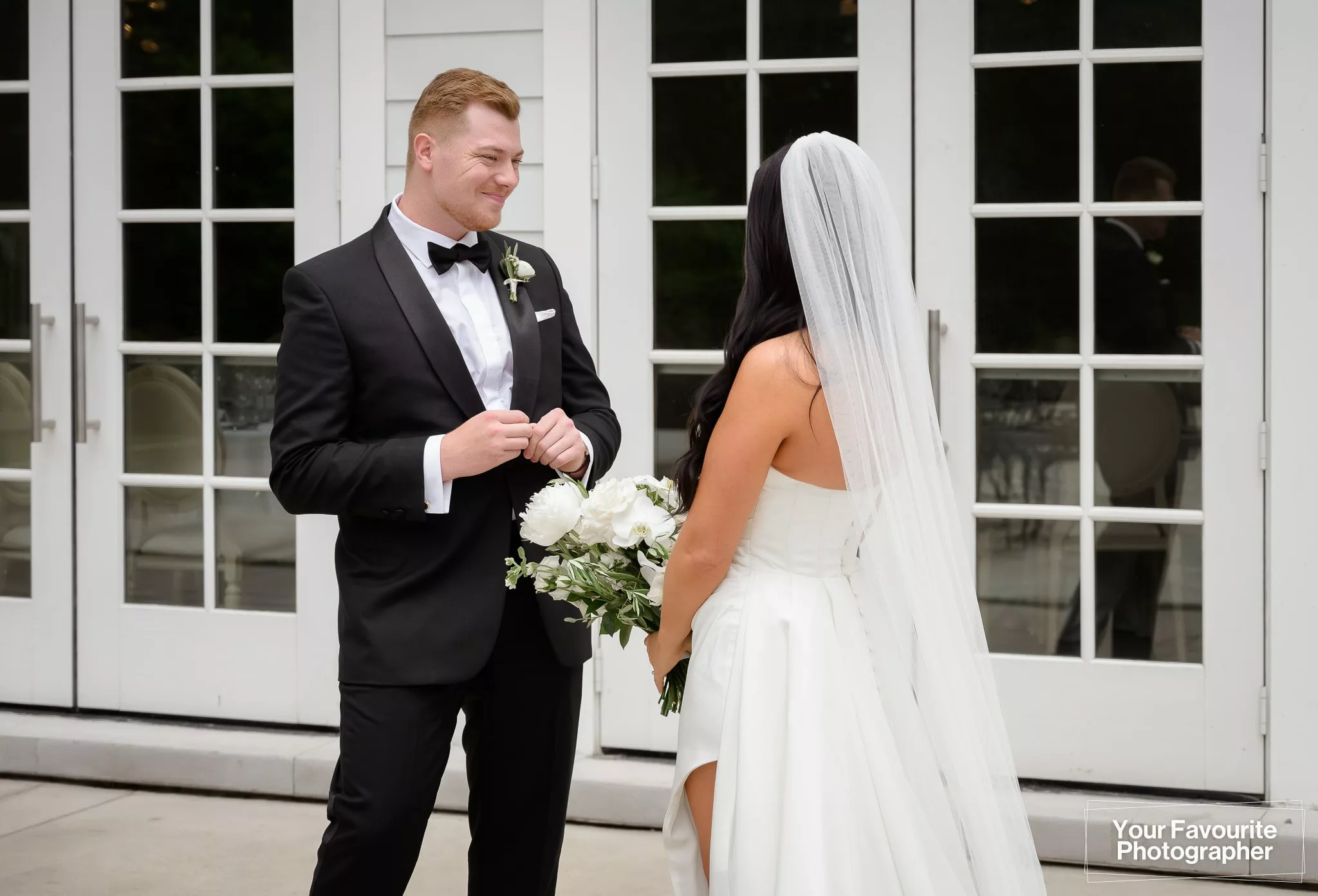 Groom's reaction to seeing his bride for the first look at The Doctor's House in Kleinburg