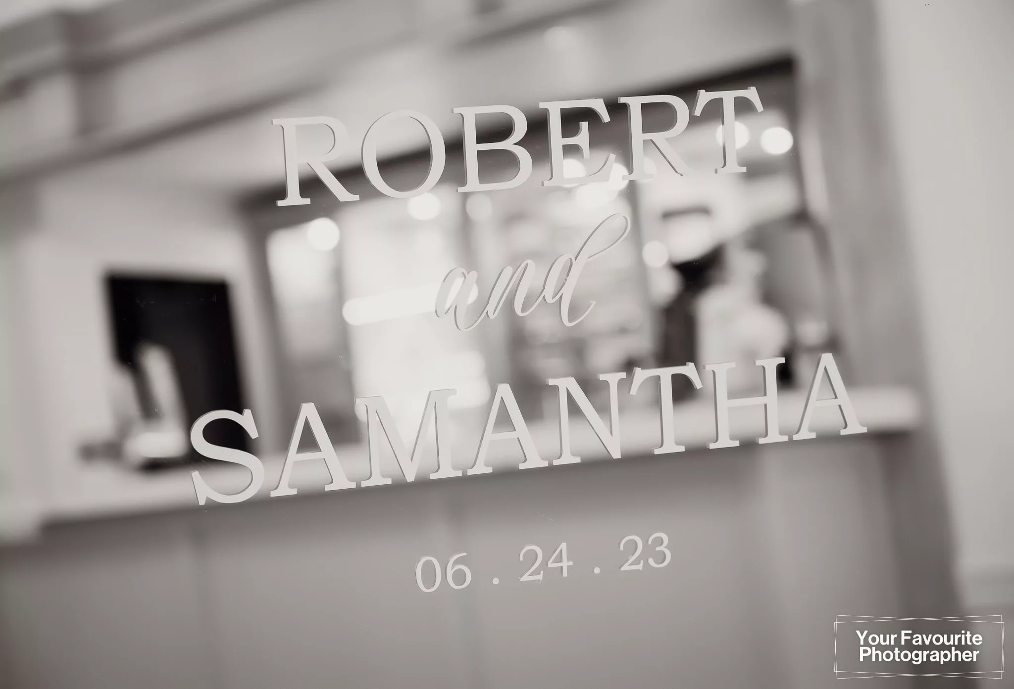 Mirror engraved with "Robert and Samantha"