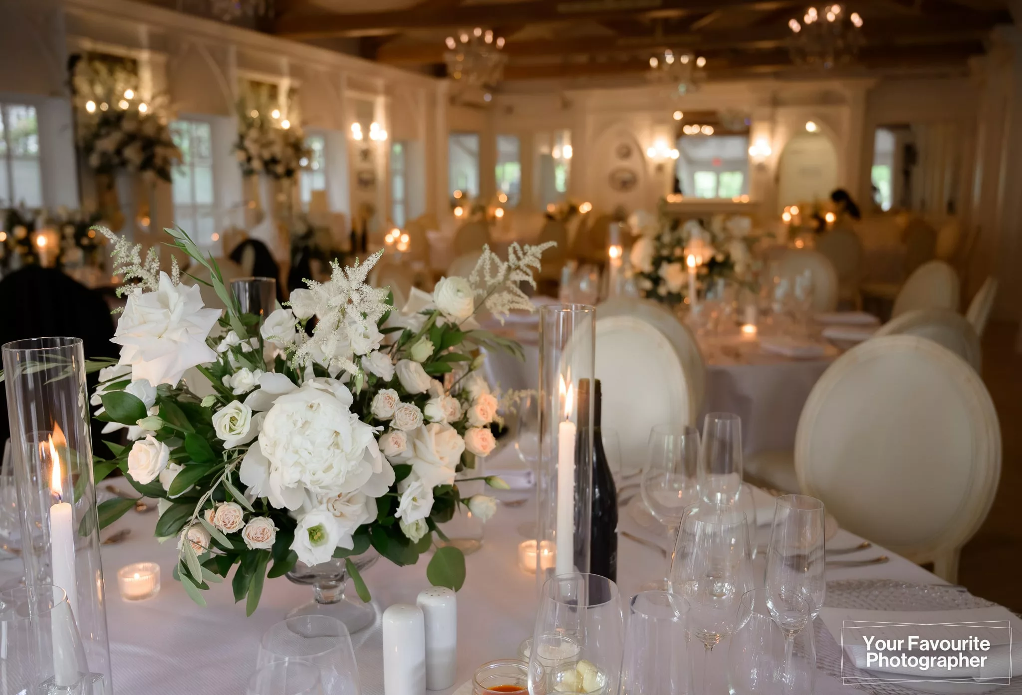 White floral wedding bouquet centrepiece